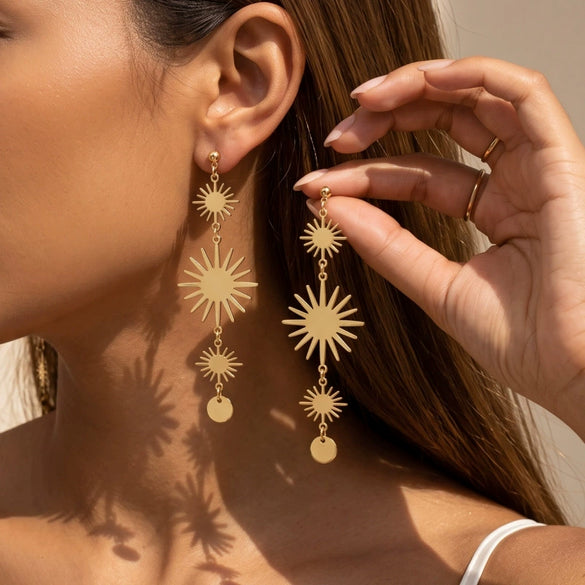 Electroplated Alloy Sunflower Long Tassel Earrings With Geometric Stud Design And Stainless Steel Ear Needles For Women