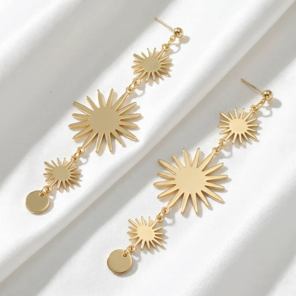 Electroplated Alloy Sunflower Long Tassel Earrings With Geometric Stud Design And Stainless Steel Ear Needles For Women