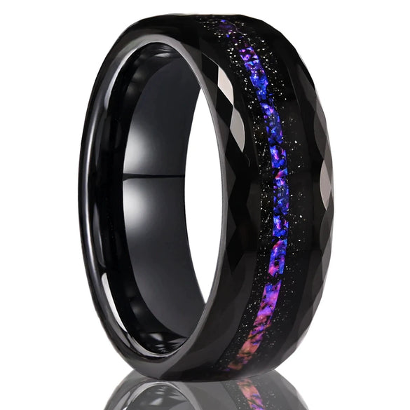 Electroplated Black Tungsten Steel Ring With Blue Brocade Inlay And Geometric Diamond Shape Details For Men And Women