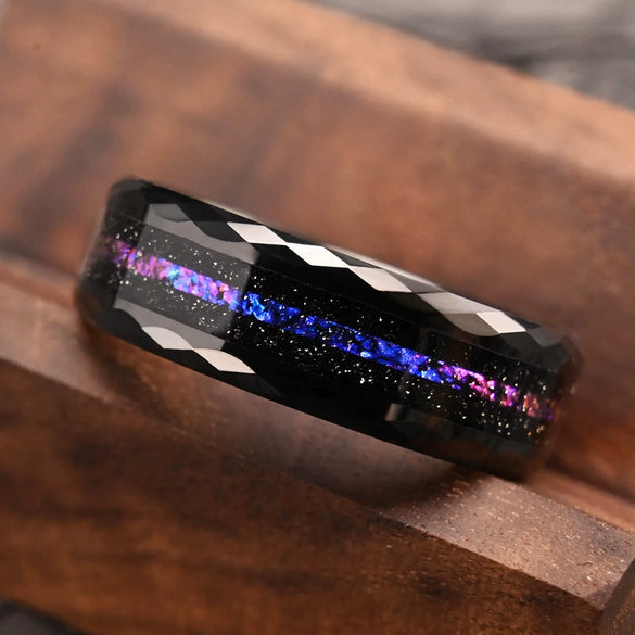 Electroplated Black Tungsten Steel Ring With Blue Brocade Inlay And Geometric Diamond Shape Details For Men And Women