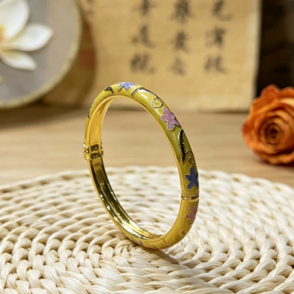 Electroplated Cloisonné Enamel Floral Open Cuff Bracelet For Women Thin Decorative Jewelry Accessory