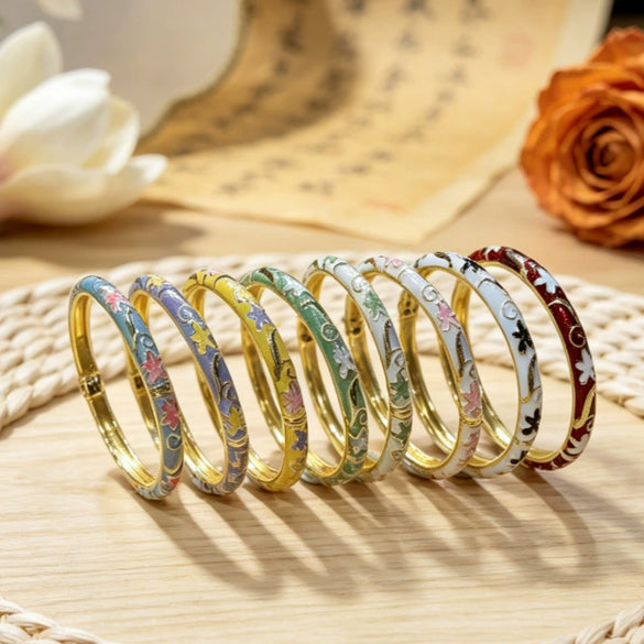 Electroplated Cloisonné Enamel Floral Open Cuff Bracelet For Women Thin Decorative Jewelry Accessory