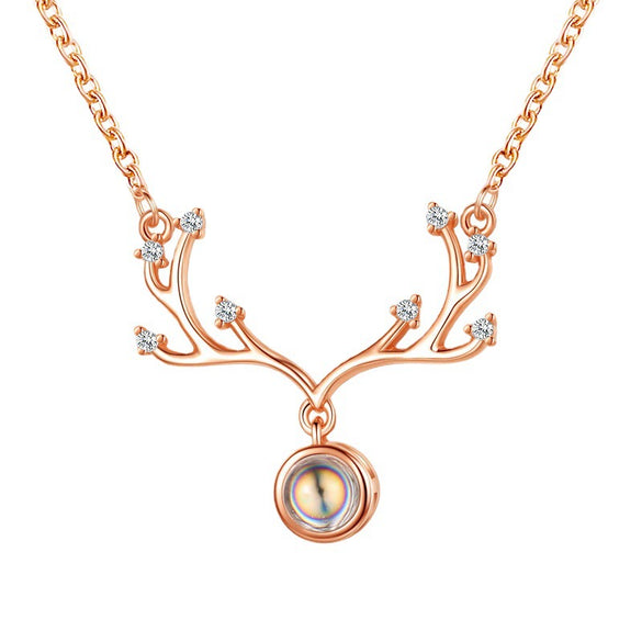 Electroplated Copper Deer Antler Projection Necklace With I Love You Message Cross Chain Animal Pendant Christmas Gift