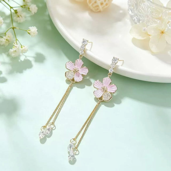 Electroplated Copper Flower Long Tassel Earrings For Women High End Sweet Floral Jewelry