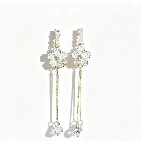 Electroplated Copper Flower Long Tassel Earrings For Women High End Sweet Floral Jewelry