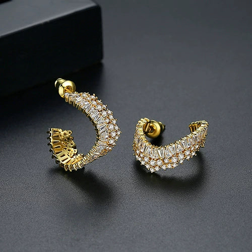 Electroplated Copper Geometric Asymmetric Earrings With Crystal Zircon Accents For Women