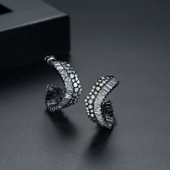 Electroplated Copper Geometric Asymmetric Earrings With Crystal Zircon Accents For Women