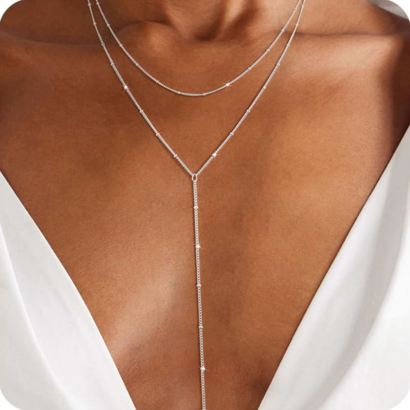 Electroplated Copper Y Shaped Layered Necklace With Round Bead And Geometric Pendant For Women