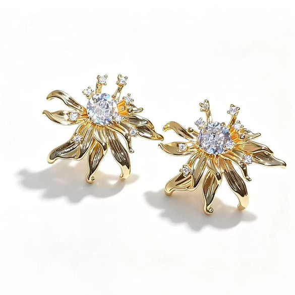 Electroplated Copper Zircon Flower Earrings For Women High End Vintage Style Floral Jewelry Wholesale