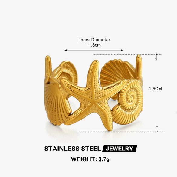 Electroplated Stainless Steel Shell Open Ring For Women Minimalist Ocean Inspired Vacation Style Jewelry