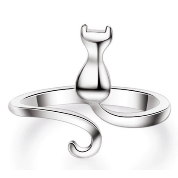 Electroplated Sterling Silver Cat Moon And Star Open Ring Adjustable Animal Zodiac Jewelry For Women