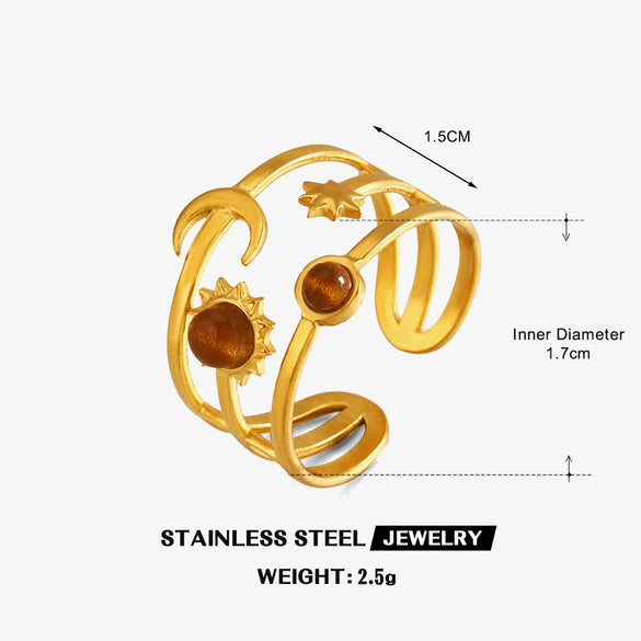 Electroplated Women's Stainless Steel Open Ring With Vintage Star And Moon Design And Tiger Eye Stone Inlay