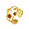 Electroplated Women's Stainless Steel Open Ring With Vintage Star And Moon Design And Tiger Eye Stone Inlay