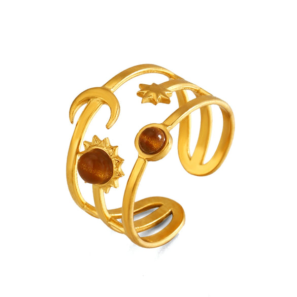 Electroplated Women's Stainless Steel Open Ring With Vintage Star And Moon Design And Tiger Eye Stone Inlay