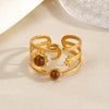 Electroplated Women's Stainless Steel Open Ring With Vintage Star And Moon Design And Tiger Eye Stone Inlay