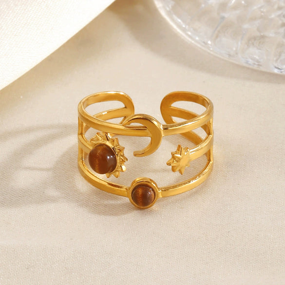 Electroplated Women's Stainless Steel Open Ring With Vintage Star And Moon Design And Tiger Eye Stone Inlay