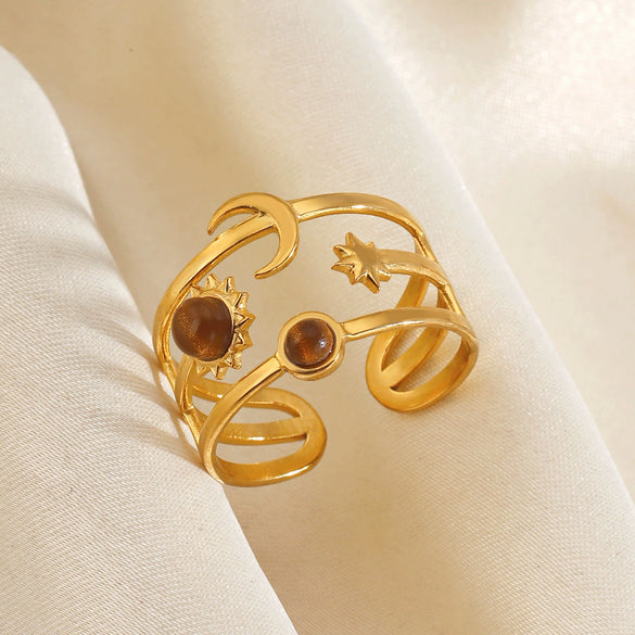 Electroplated Women's Stainless Steel Open Ring With Vintage Star And Moon Design And Tiger Eye Stone Inlay