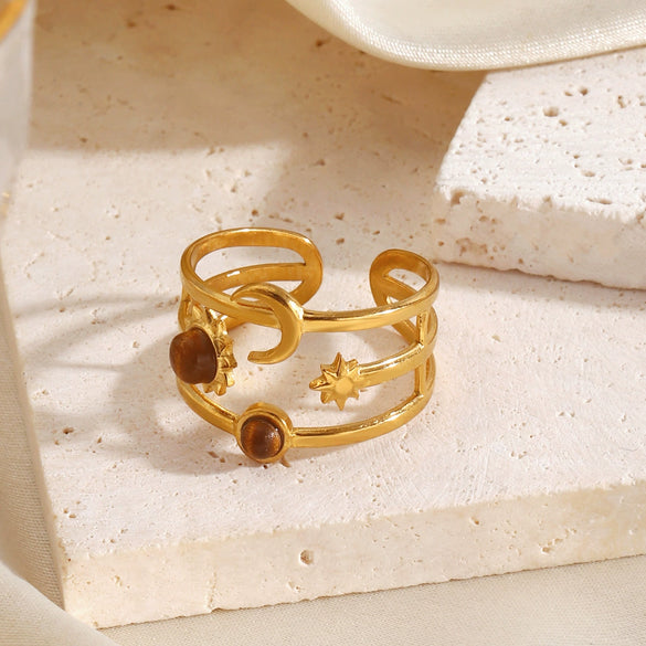 Electroplated Women's Stainless Steel Open Ring With Vintage Star And Moon Design And Tiger Eye Stone Inlay