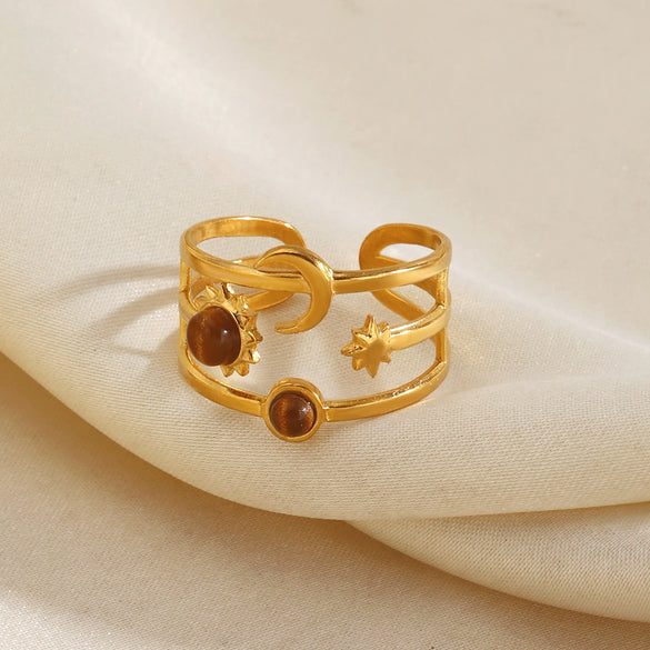 Electroplated Women's Stainless Steel Open Ring With Vintage Star And Moon Design And Tiger Eye Stone Inlay