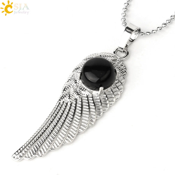 Electroplated Zinc Alloy Angel Wing Pendant Necklace With Inlaid Natural Stone Crystal Feather Design Ball Chain Minimalist Unisex Jewelry