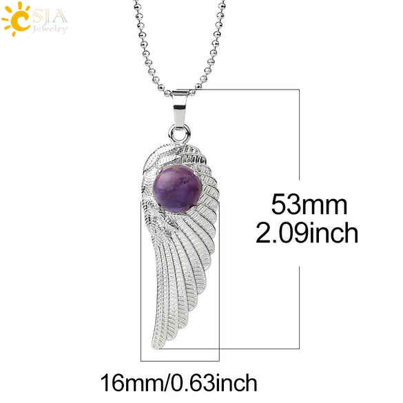 Electroplated Zinc Alloy Angel Wing Pendant Necklace With Inlaid Natural Stone Crystal Feather Design Ball Chain Minimalist Unisex Jewelry