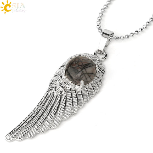 Electroplated Zinc Alloy Angel Wing Pendant Necklace With Inlaid Natural Stone Crystal Feather Design Ball Chain Minimalist Unisex Jewelry