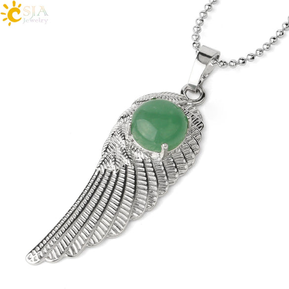 Electroplated Zinc Alloy Angel Wing Pendant Necklace With Inlaid Natural Stone Crystal Feather Design Ball Chain Minimalist Unisex Jewelry