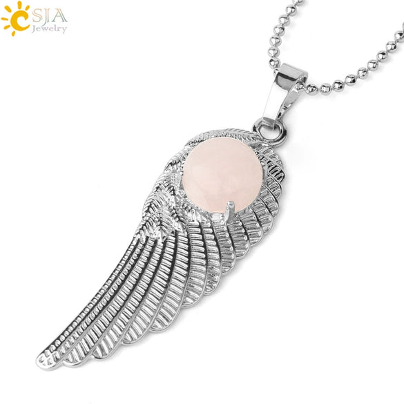 Electroplated Zinc Alloy Angel Wing Pendant Necklace With Inlaid Natural Stone Crystal Feather Design Ball Chain Minimalist Unisex Jewelry