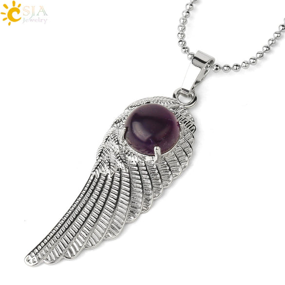 Electroplated Zinc Alloy Angel Wing Pendant Necklace With Inlaid Natural Stone Crystal Feather Design Ball Chain Minimalist Unisex Jewelry