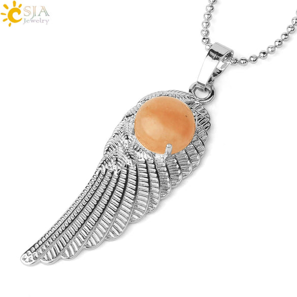 Electroplated Zinc Alloy Angel Wing Pendant Necklace With Inlaid Natural Stone Crystal Feather Design Ball Chain Minimalist Unisex Jewelry