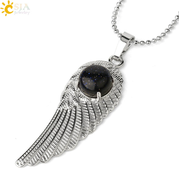 Electroplated Zinc Alloy Angel Wing Pendant Necklace With Inlaid Natural Stone Crystal Feather Design Ball Chain Minimalist Unisex Jewelry