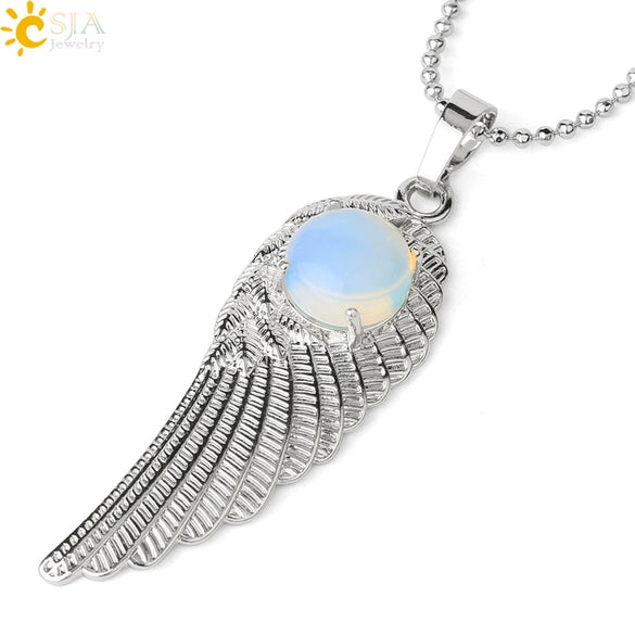 Electroplated Zinc Alloy Angel Wing Pendant Necklace With Inlaid Natural Stone Crystal Feather Design Ball Chain Minimalist Unisex Jewelry