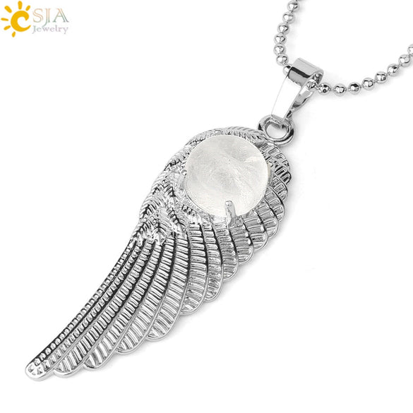 Electroplated Zinc Alloy Angel Wing Pendant Necklace With Inlaid Natural Stone Crystal Feather Design Ball Chain Minimalist Unisex Jewelry