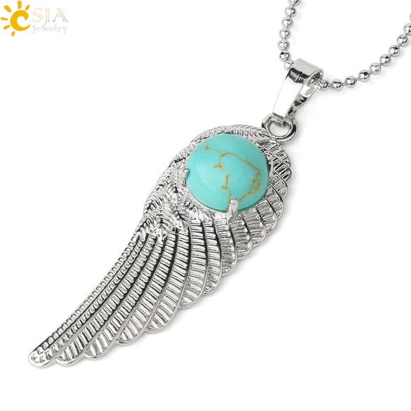 Electroplated Zinc Alloy Angel Wing Pendant Necklace With Inlaid Natural Stone Crystal Feather Design Ball Chain Minimalist Unisex Jewelry
