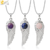 Electroplated Zinc Alloy Angel Wing Pendant Necklace With Inlaid Natural Stone Crystal Feather Design Ball Chain Minimalist Unisex Jewelry