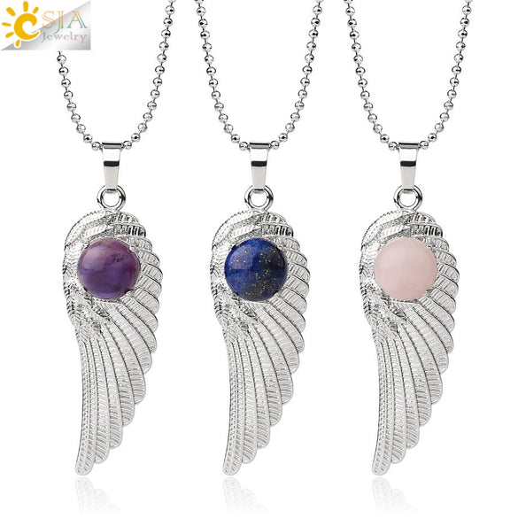 Electroplated Zinc Alloy Angel Wing Pendant Necklace With Inlaid Natural Stone Crystal Feather Design Ball Chain Minimalist Unisex Jewelry