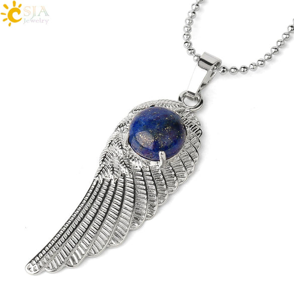 Electroplated Zinc Alloy Angel Wing Pendant Necklace With Inlaid Natural Stone Crystal Feather Design Ball Chain Minimalist Unisex Jewelry