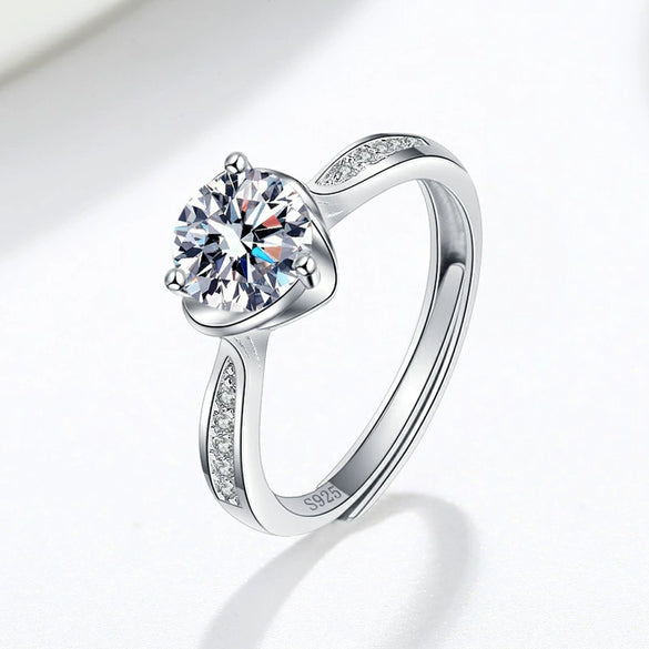 Elegant Adjustable Sterling Silver Geometric Heart Ring For Women Electroplated Full Diamond Style Fashion Jewelry