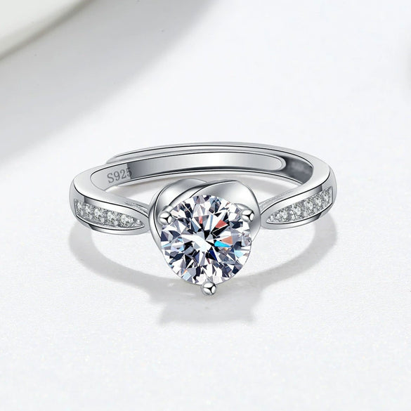 Elegant Adjustable Sterling Silver Geometric Heart Ring For Women Electroplated Full Diamond Style Fashion Jewelry