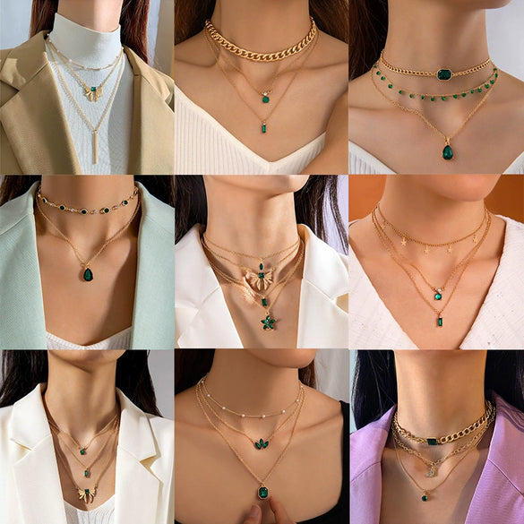 Elegant All Match Multi Layer Bow Love Flower Imitation Emerald Gem Necklace For Women Alloy Material Geometric Pattern Electroplating Process