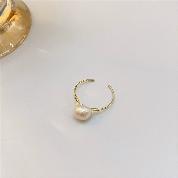 Elegant Baroque Style Freshwater Pearl Copper Ring For Women Geometric Adjustable Fashion Ring
