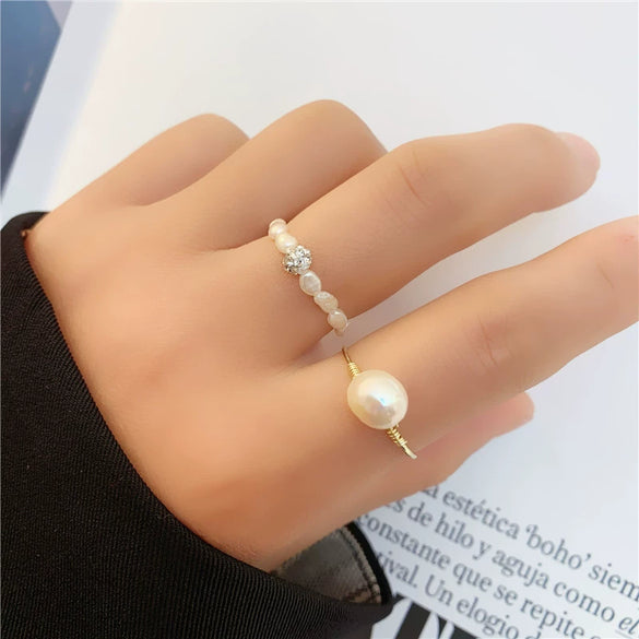 Elegant Baroque Style Freshwater Pearl Copper Ring For Women Geometric Adjustable Fashion Ring