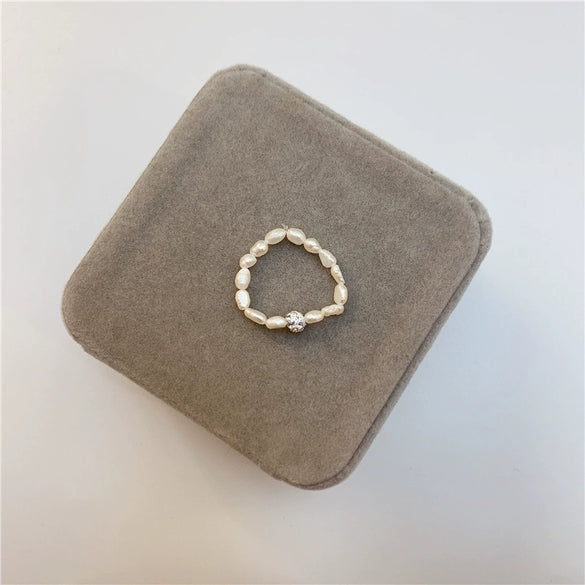 Elegant Baroque Style Freshwater Pearl Copper Ring For Women Geometric Adjustable Fashion Ring