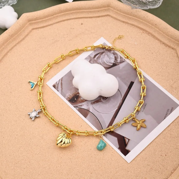 Elegant Beach Sweet Starfish Heart Shape Shell 304 Stainless Steel Alloy Horseshoe Chain Lobster Trigger Clasp Closure Pendant Necklaces Wholesale