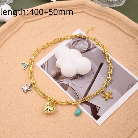 Elegant Beach Sweet Starfish Heart Shape Shell 304 Stainless Steel Alloy Horseshoe Chain Lobster Trigger Clasp Closure Pendant Necklaces Wholesale