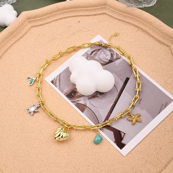 Elegant Beach Sweet Starfish Heart Shape Shell 304 Stainless Steel Alloy Horseshoe Chain Lobster Trigger Clasp Closure Pendant Necklaces Wholesale