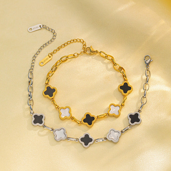 Elegant Black And White Clover Titanium Steel Women's Bracelet With Geometric Design And Vacuum Furnace Electroplating Treatment