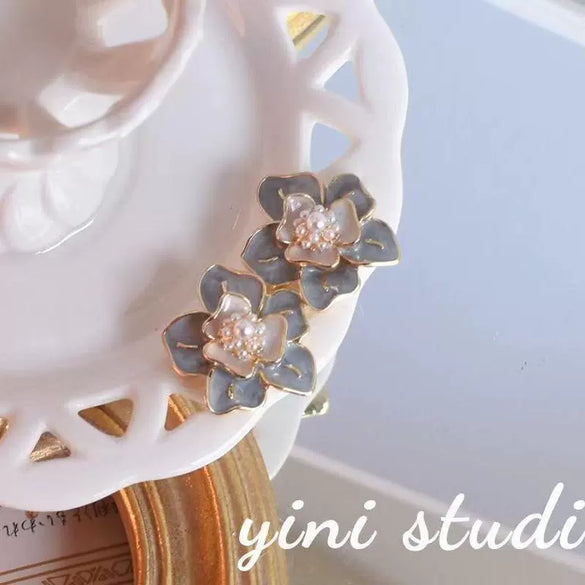 Elegant Blue Flower Earrings With French Oil Painting Glaze For Women