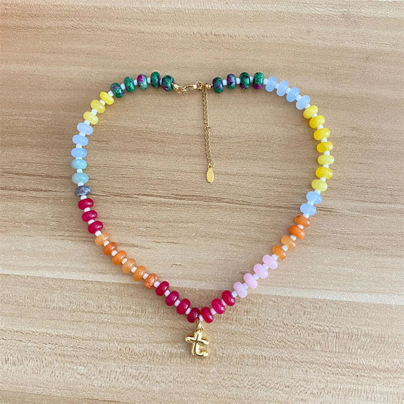 Elegant Classic Style Letter 14K Gold Plated Natural Stone Copper Wholesale Necklace