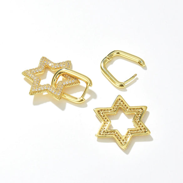 Elegant Copper Geometric Star And Heart Zircon Earrings With Diamond Cut Finish For Women
